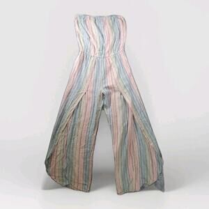 NWT Drew Anthropologie M Strapless Linen Blend Jumpsuit Slit Leg Pastel Striped